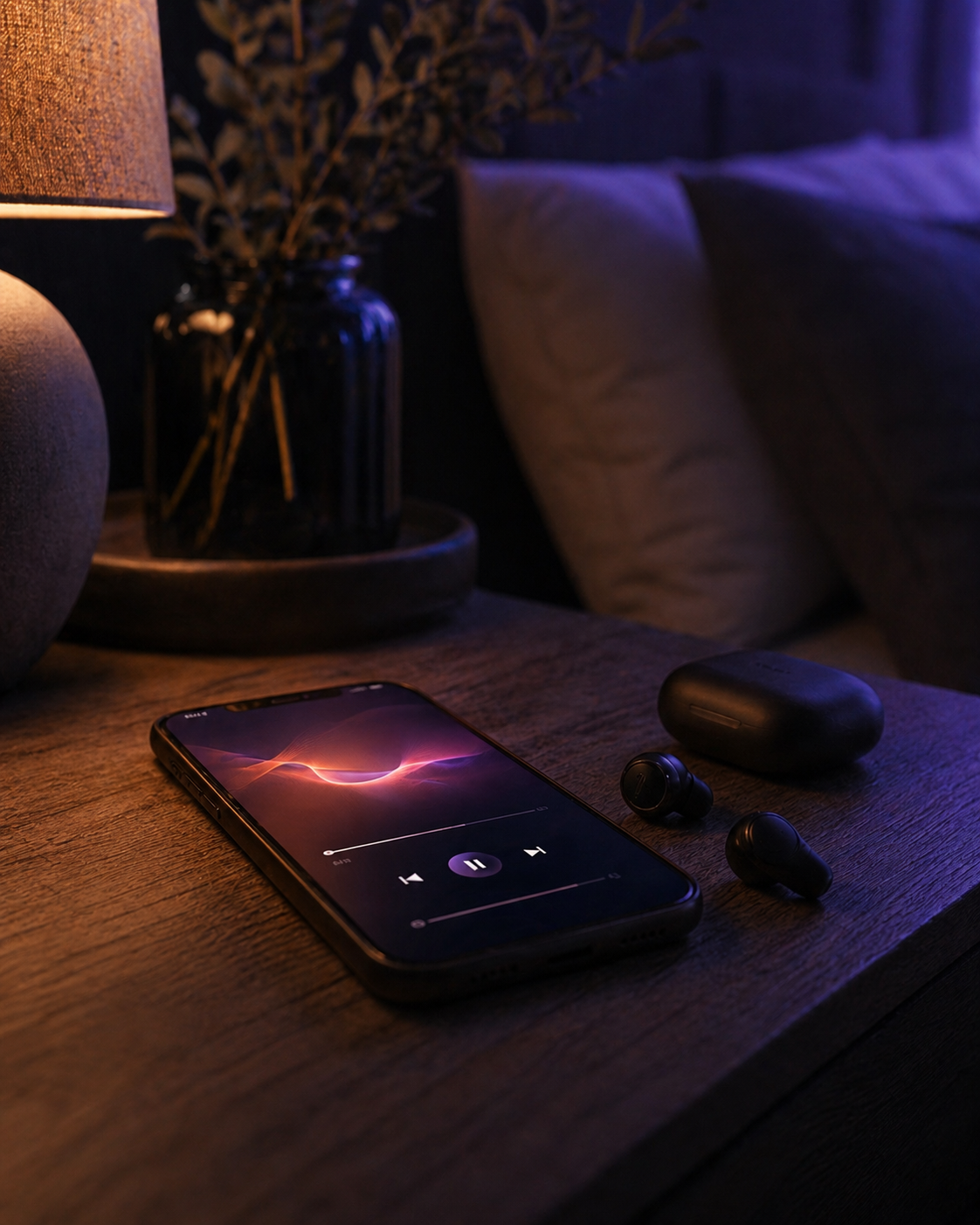 Celular e fones de ouvido numa mesa de cabeceira em ambiente noturno.
