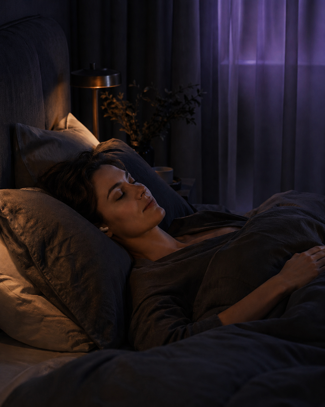 Pessoa em repouso numa cama, com fone de ouvido discreto, num quarto noturno com luz violeta suave.